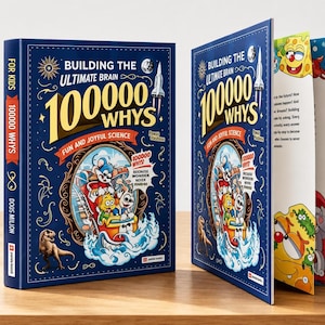 Może przedstawiać: Niebieska książka w twardej oprawie zatytułowana Building the Ultimate Brain 100000 Whys, przedstawiająca rakietę, dinozaura i postacie z kreskówek na kolejce górskiej. Okładka zawiera tekst Fun and Joyful Science oraz Because Wonder Never Ends.