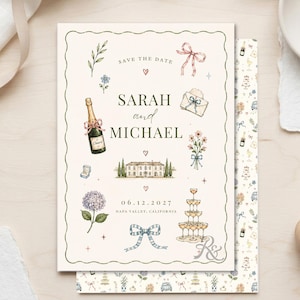 May include: A cream-colored Save the Date card featuring the names Sarah and Michael, the date 06.12.2027, and Napa Valley, California. Illustrations include a champagne bottle, a building, a bouquet, a bow, and a champagne tower with small hearts.
