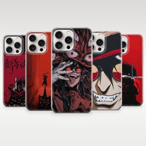 May include: Five smartphone cases featuring anime-style illustrations in shades of red, black, and white. The designs depict a character with sharp teeth, red-tinted glasses, and a wide grin, alongside various dark, atmospheric scenes and Chinese text.