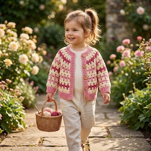 May include: A long-sleeved crochet cardigan featuring a granny square pattern in shades of pink, cream, and dark magenta. The garment has a round neckline, a button-down front with five wooden buttons, and ribbed cuffs and hem in solid pink.