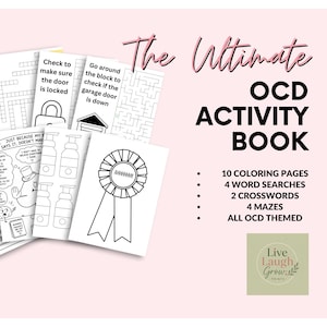Könnte beinhalten: Das Ultimate OCD Activity Book enthält 10 Ausmalbilder, 4 Wortsuchrätsel, 2 Kreuzworträtsel und 4 Labyrinthe. Die Seiten zeigen schwarz-weiße Strichzeichnungen von einem Schloss, einer Garage, Seifenspendern, einer Schleife und Figuren.