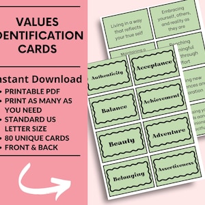 May include: Values Identification Cards printable PDF with light green rectangular cards featuring black text. Visible words include Authenticity, Acceptance, Balance, Achievement, Beauty, Adventure, Belonging, and Assertiveness. The left side has pink text on a pink background.