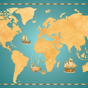 May include: A rectangular world map print featuring a teal background and golden-yellow continents. Decorative elements include a compass rose, an hourglass, a ship's wheel, a globe, a scroll, and two sailing ships, all rendered in a vintage style.