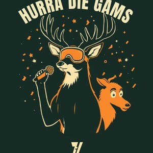 May include: A dark green graphic print featuring a deer wearing orange ski goggles and holding a microphone, accompanied by a smaller orange animal. The text HURRA DIE GAMS is arched above, with the logo and text FLYING HIRSCH at the bottom.