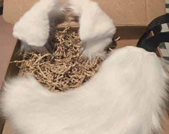 Set aus weißem Hypermotion-Schwanz und beweglichen Welpenohren | Kunstfell, Fursuit, Cosplay-Zubehör