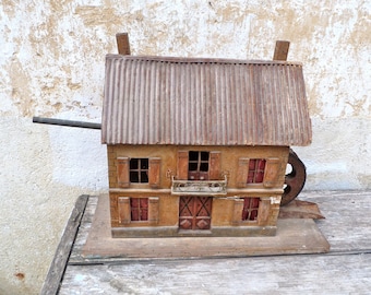 Rare! Antique 1900s French Folk art Tramp art ONE OF A KIND wood house / dawn mill /stunning work/Art populaire