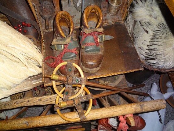 1940's child ski boots and poles...great cabin dec