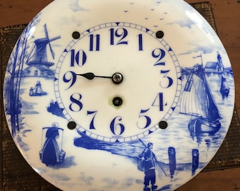 Beautiful Delftware German Enamel Clock as found 8.5” in diameter, 8 Day Hamburg. No key