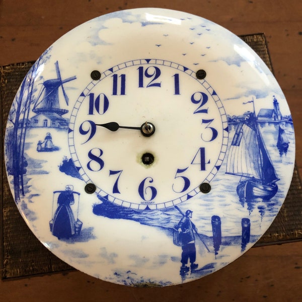 Beautiful Delftware German Enamel Clock as found 8.5” in diameter, 8 Day Hamburg. No key