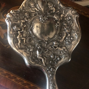Antique Silver Repousse Vanity Mirror Minstrel Cherubs