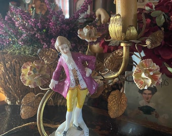 French romance figural, floral, tole lamp