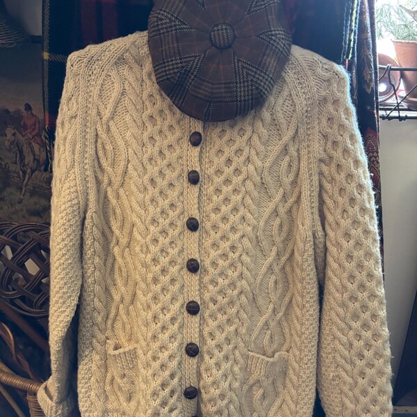 Vintage Aran Wool Cardigan Sweater with Leather Buttons