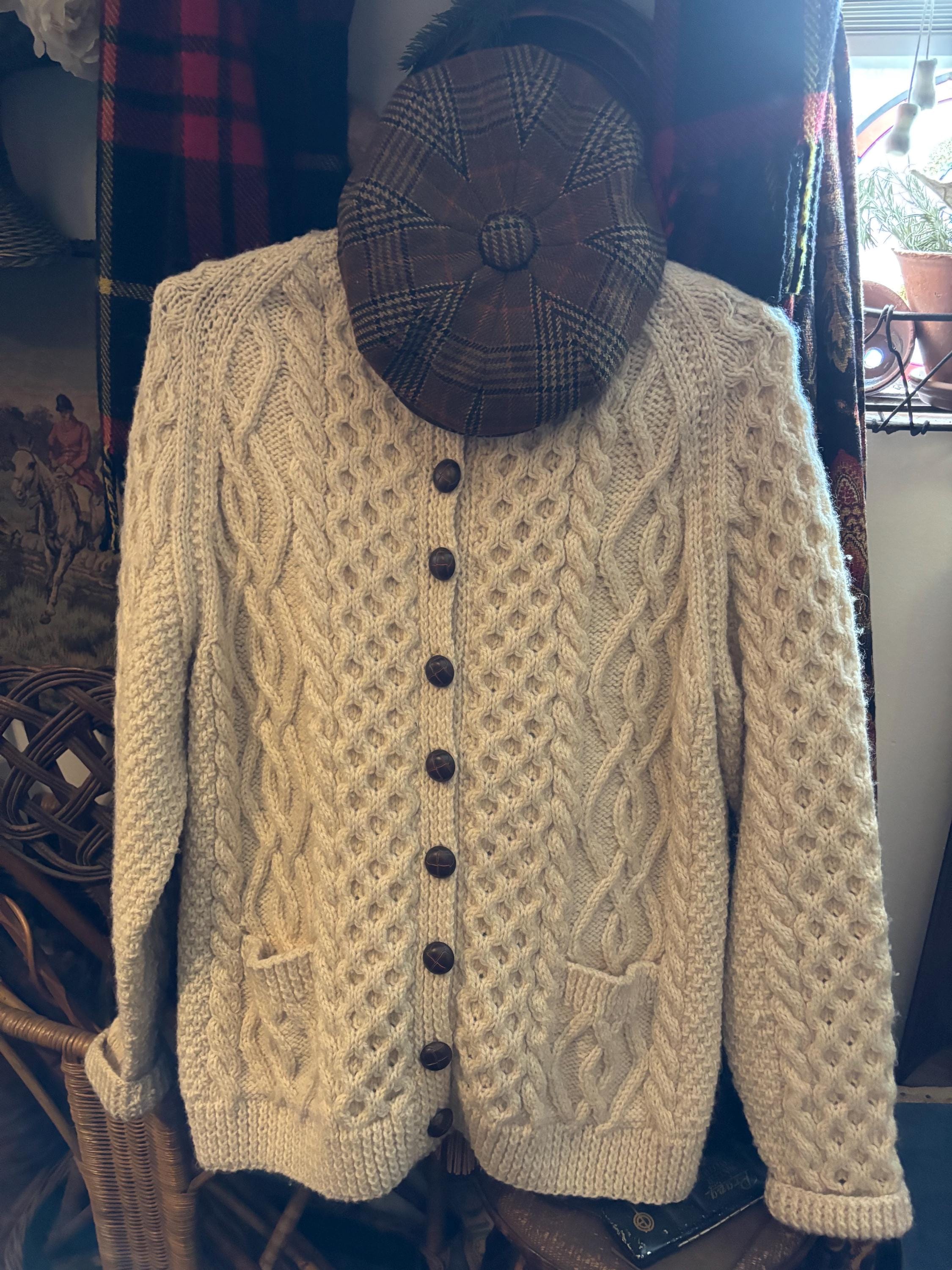 Vintage Aran Wool Cardigan Sweater with Leather Buttons