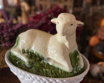 RARE Vintage Majolica Lamb/ Sheep tureen bowl with lid