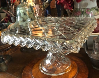 GLASS BLOCK SQUARE Glass Cake Stand with Well. Excellent Condition no cracks or chips. 10.25” wide by 7.25 High