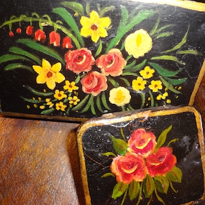Delicate hand painted tole tin pill boxes