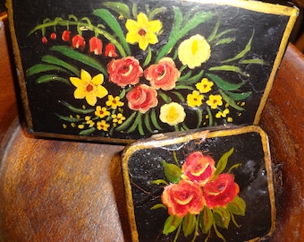 Delicate hand painted tole tin pill boxes