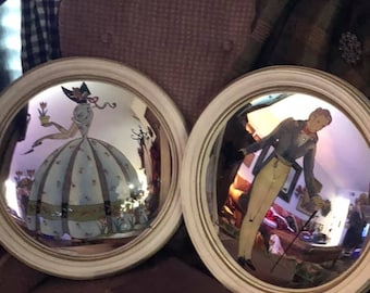 Charming Pair of French Provencial Convex Reverse Hand Painted Mirror&#39;s 1950&#39;s