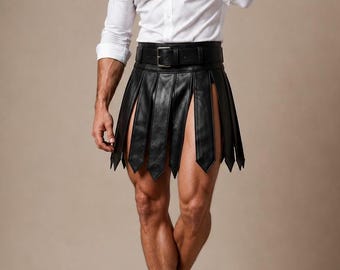 Men's Black Leather Gladiator Kilt, Roman Warrior Gothic Skirt, Festival Outfit