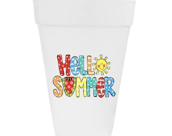 16 oz Styrofoam Cups, Hello Summer Party Drinkware, Beach BBQ Beverage Cups
