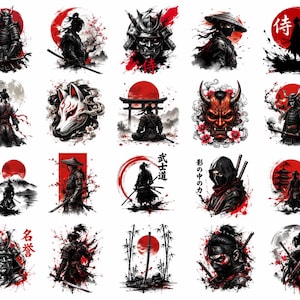 May include: A collection of twenty circular graphic illustrations featuring samurai warriors, oni masks, fox masks, torii gates, and katana swords. The designs utilise a colour palette of black, white, and red, incorporating ink wash styles and Japanese kanji characters.