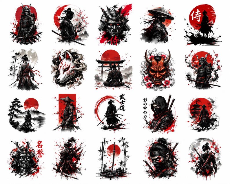 May include: A collection of twenty circular graphic illustrations featuring samurai warriors, oni masks, fox masks, torii gates, and katana swords. The designs utilise a colour palette of black, white, and red, incorporating ink wash styles and Japanese kanji characters.