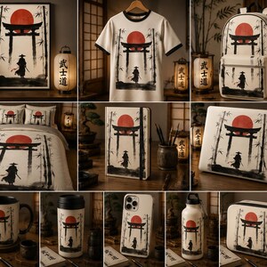 May include: A collection of merchandise featuring a graphic print of a samurai standing before a torii gate, bamboo stalks, and a large red sun. Items include a framed print, t-shirt, backpack, bedding, notebook, laptop skin, mug, tumbler, phone case, bottle, and pouch.
