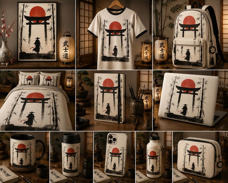 May include: A collection of merchandise featuring a graphic print of a samurai standing before a torii gate, bamboo stalks, and a large red sun. Items include a framed print, t-shirt, backpack, bedding, notebook, laptop skin, mug, tumbler, phone case, bottle, and pouch.