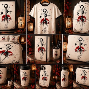 May include: A collection of merchandise featuring a white background with a black ink-style kunai dagger graphic, a red sun circle, and Japanese calligraphy. Items include a t-shirt, backpack, bedding, notebook, laptop skin, mugs, phone case, and bottle.