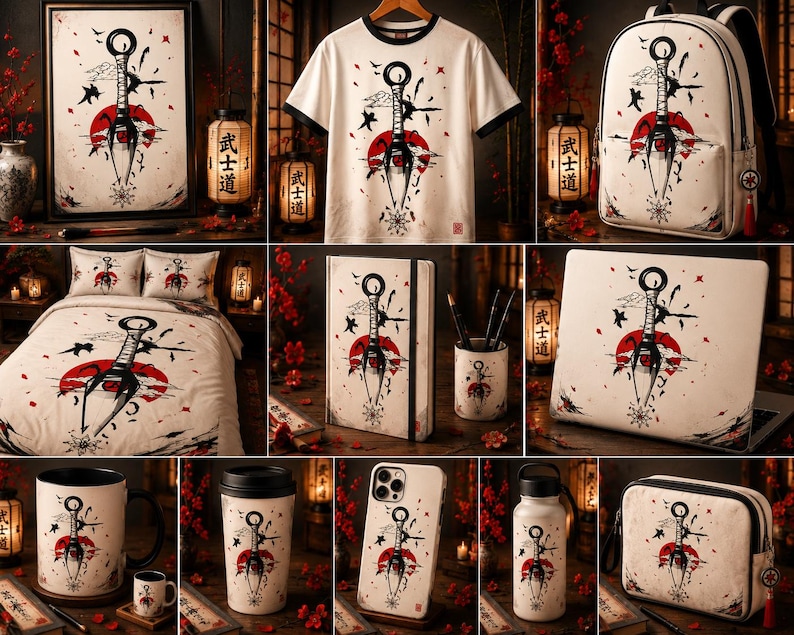 May include: A collection of merchandise featuring a white background with a black ink-style kunai dagger graphic, a red sun circle, and Japanese calligraphy. Items include a t-shirt, backpack, bedding, notebook, laptop skin, mugs, phone case, and bottle.