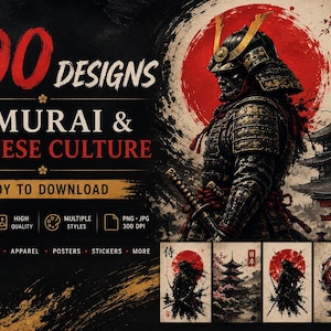 May include: A digital collection of 100 designs featuring samurai and Japanese culture themes. The graphic displays a samurai in armour, a pagoda, a red sun, and Japanese text. Five smaller sample images show samurai, koi, and mountain motifs.