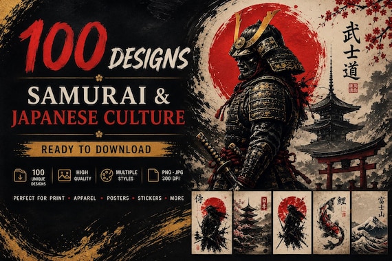 Samurai T-Shirt Designs Bundle | Japanese Warrior PNG | 100+ Digital Designs | Instant Download | Anime Samurai Art | Streetwear Graphics