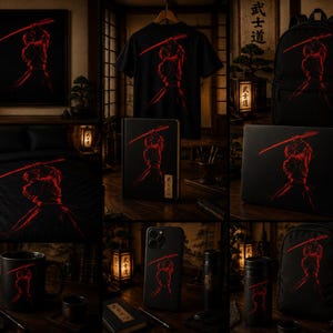 May include: A collection of black merchandise featuring a red graphic of a samurai drawing a katana. Items include a t-shirt, backpack, laptop skin, phone case, mug, tumbler, framed print, and bedding, all displaying the same warrior illustration.