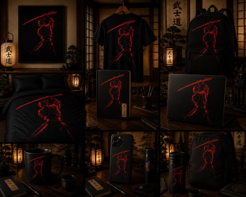 May include: A collection of black merchandise featuring a red graphic of a samurai drawing a katana. Items include a t-shirt, backpack, laptop skin, phone case, mug, tumbler, framed print, and bedding, all displaying the same warrior illustration.