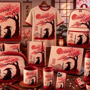May include: A collection of merchandise featuring a graphic of a samurai sitting under a cherry blossom tree with a red sun. Items include a t-shirt, backpack, bedding, notebook, laptop, mug, water bottle, phone case, and small pouch with matching art.