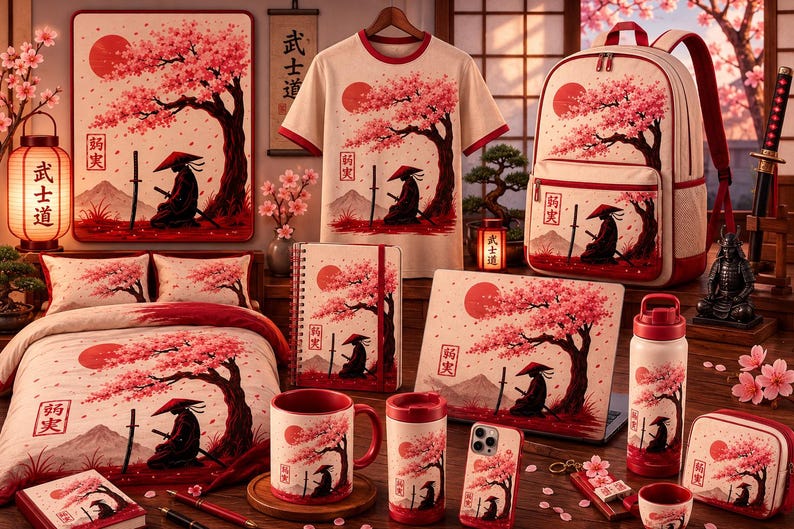 May include: A collection of merchandise featuring a graphic of a samurai sitting under a cherry blossom tree with a red sun. Items include a t-shirt, backpack, bedding, notebook, laptop, mug, water bottle, phone case, and small pouch with matching art.