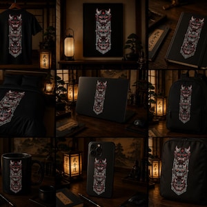 May include: A collection of black items featuring a vertical graphic of three stacked Hannya masks in red, white, and grey. The items include a t-shirt, a framed print, a notebook, a bedspread, a laptop, a backpack, a mug, and a smartphone case.