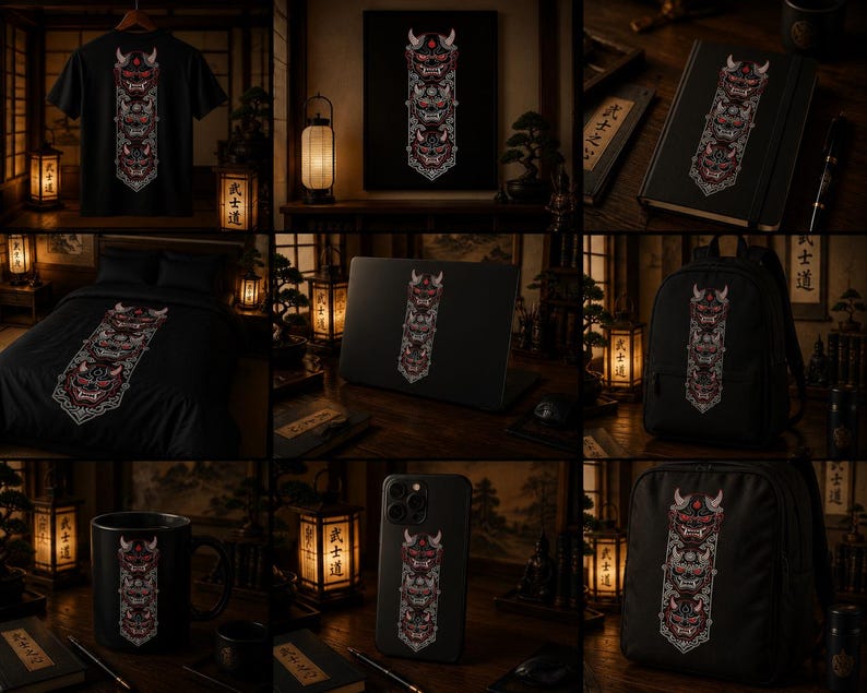 May include: A collection of black items featuring a vertical graphic of three stacked Hannya masks in red, white, and grey. The items include a t-shirt, a framed print, a notebook, a bedspread, a laptop, a backpack, a mug, and a smartphone case.