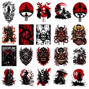 May include: A collection of twenty individual temporary tattoo designs featuring Japanese-inspired themes including samurai warriors, oni masks, dragons, and silhouettes set against red and black backgrounds with kanji text and floral accents.