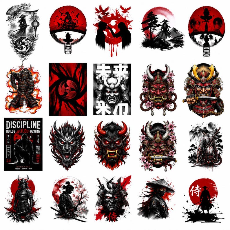 May include: A collection of twenty individual temporary tattoo designs featuring Japanese-inspired themes including samurai warriors, oni masks, dragons, and silhouettes set against red and black backgrounds with kanji text and floral accents.