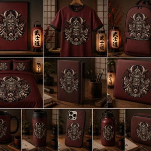 May include: A collection of maroon merchandise featuring a circular graphic of a samurai mask and crossed axes. Items include a framed print, t-shirt, backpack, bedding, notebook, laptop cover, mug, travel tumbler, phone case, water bottle, and pouch.