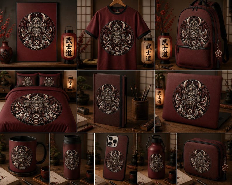 May include: A collection of maroon merchandise featuring a circular graphic of a samurai mask and crossed axes. Items include a framed print, t-shirt, backpack, bedding, notebook, laptop cover, mug, travel tumbler, phone case, water bottle, and pouch.