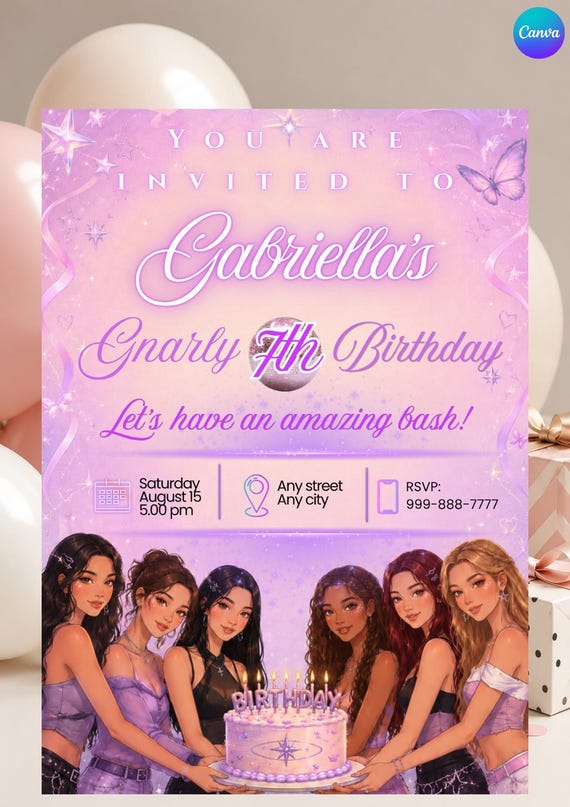 Kpop Birthday Invitation template. Personalised - Canva editable (Digital download)