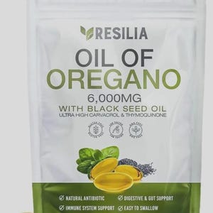 May include: A white and green pouch of Resilia Oil of Oregano 6,000mg dietary supplement with black seed oil. The packaging features text, three circular icons for gluten-free, lab-tested, and GMO-free, plus images of oregano leaves and seeds.