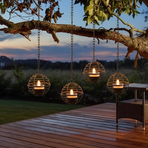 Outdoor Solar Pendant Lights, Metal Hanging Lanterns, Patio & Garden Lighting, 4-Pack Waterproof Warm White
