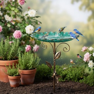 May include: A glass birdbath with a teal, scalloped basin supported by a bronze-colored metal stand featuring decorative leaf and hummingbird accents. Several blue and brown birds are perched on the rim and splashing in the water.