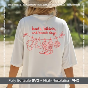 Boots Bikinis And Beach Days Clothesline SVG PNG, Country Beach Girl Summer Tee, Western Coastal Graphic, Festival Cowgirl Sublimation File