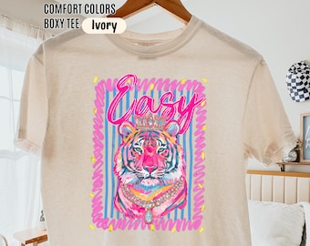 Comfort Colors® Easy Tiger Boxy Tee, Retro Preppy Tiger Cropped, Colorful Leopard Crop Top, Coquette Animal Boxy Shirt, Trendy Graphic Gift