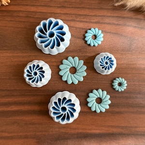 Könnte beinhalten: Ein Set aus acht hellblauen und türkisfarbenen Kunststoffformen und Ausstechern in verschiedenen Größen. Das Set enthält drei tiefe, geriffelte runde Formen mit mittigen Löchern und fünf flache, ringförmige Ausstecher mit gewelltem Rand.