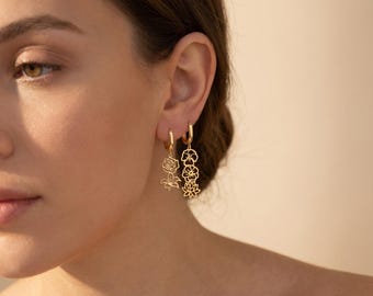 Personalized Birth Flower Hoop Earrings, Custom Family Floral Jewelry